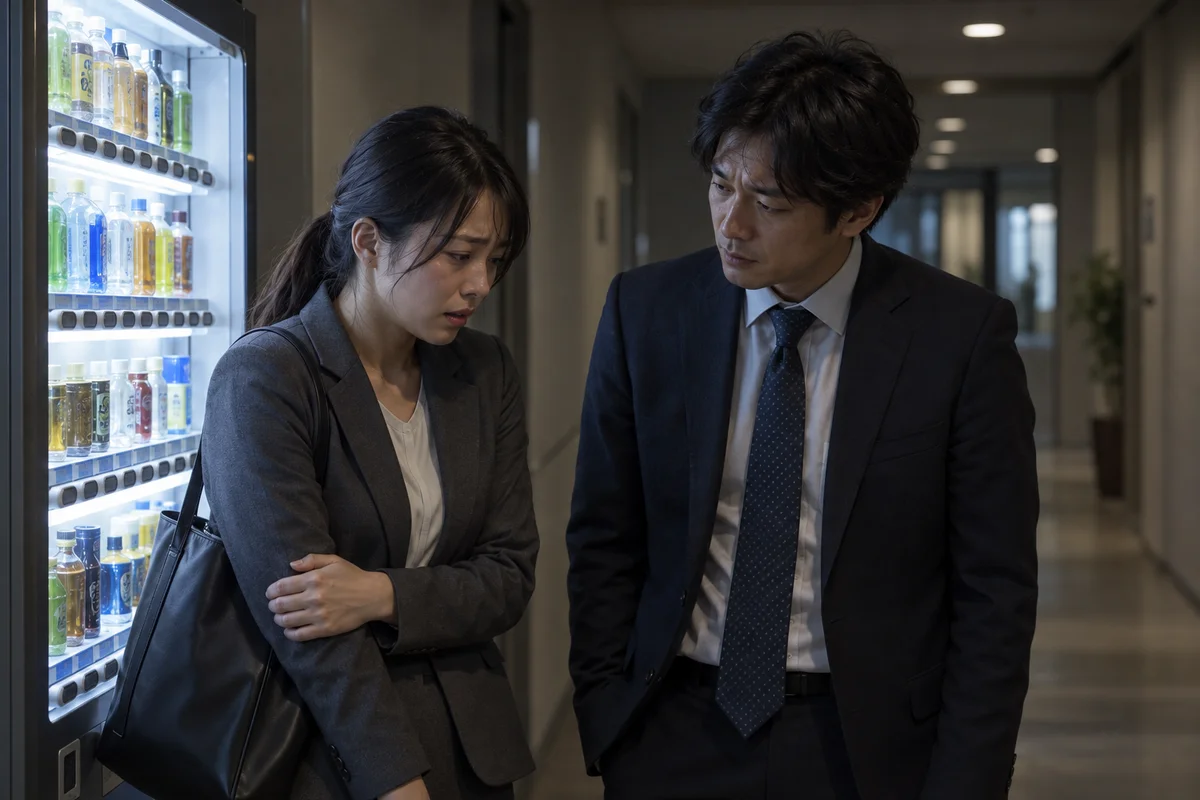 A worried office worker speaking quietly to a colleague beside a vending machine in a dim corridor of a Japanese office building