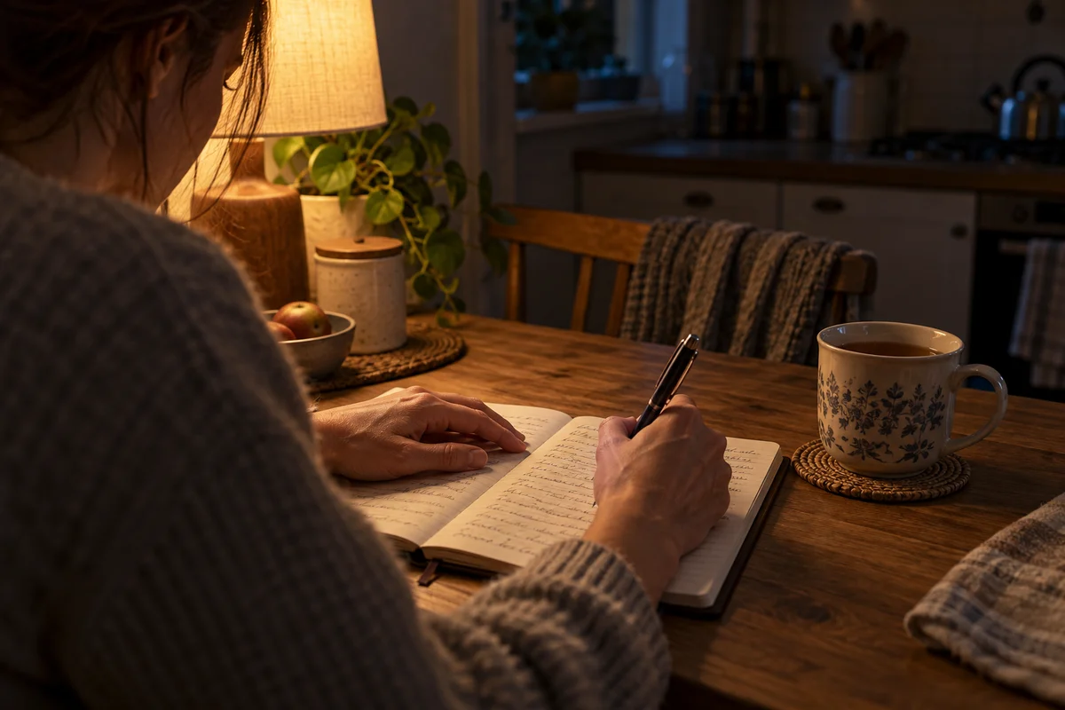 Close-up of a person's hands writing dated notes in a small notebook at a kitchen table late at night, a mug of tea beside it