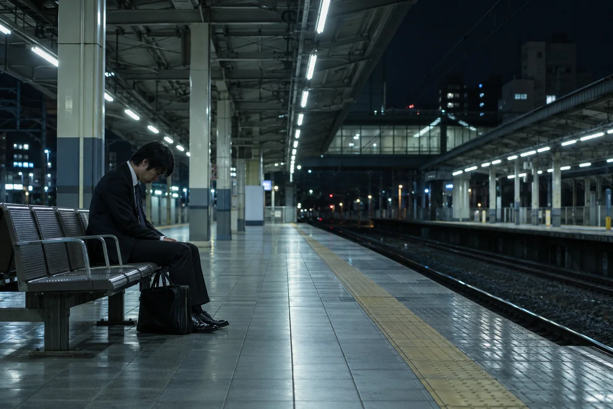 A lone office worker sitting on a bench in a quiet train station at night after work, head lowered, under cool fluorescent light