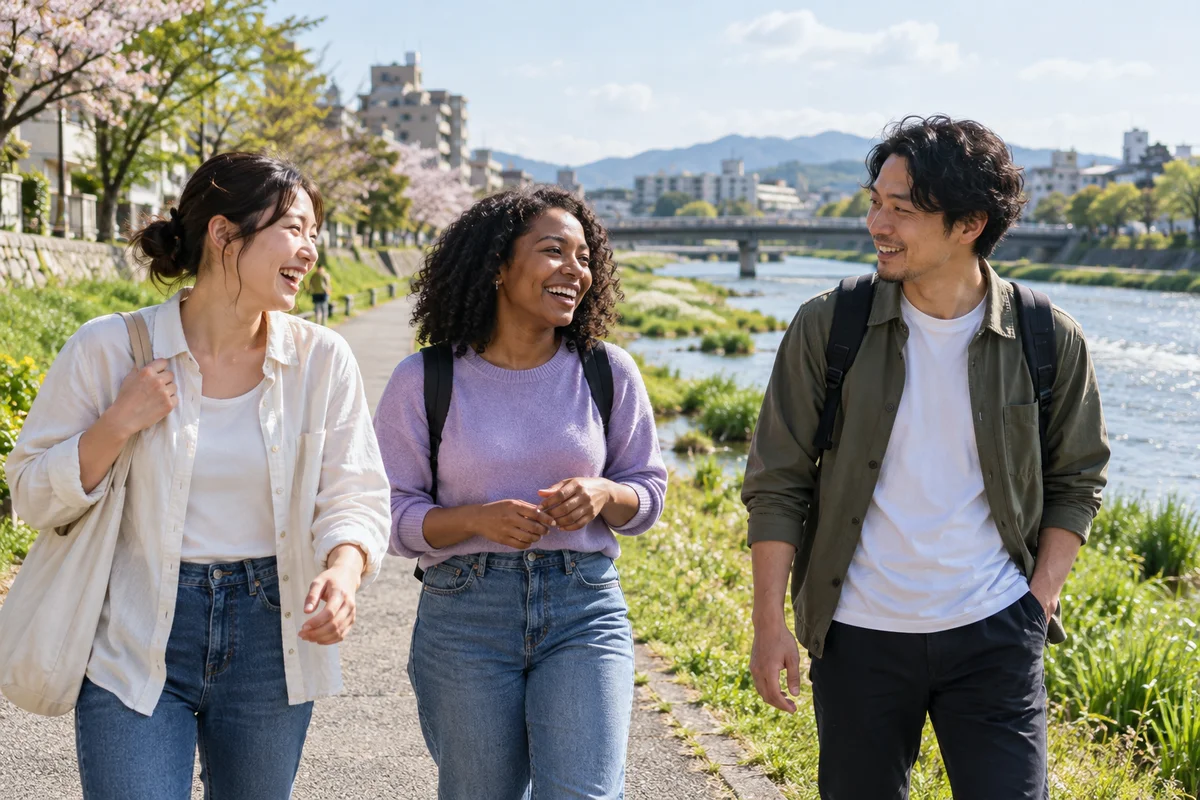 Three friends from different backgrounds talking and laughing on a riverside walking path on a bright weekend morning in Japan