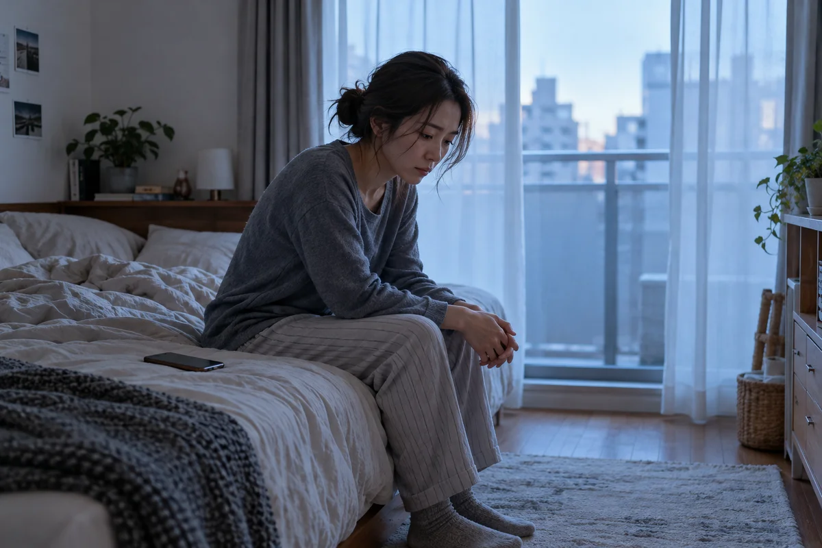 A woman sitting quietly on the edge of her bed in a small apartment in the early morning