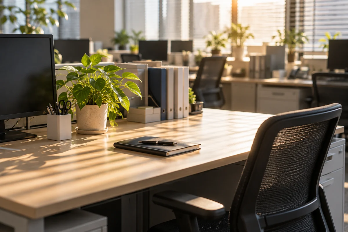 An empty, tidy office desk with the chair pushed in, morning light coming through the window