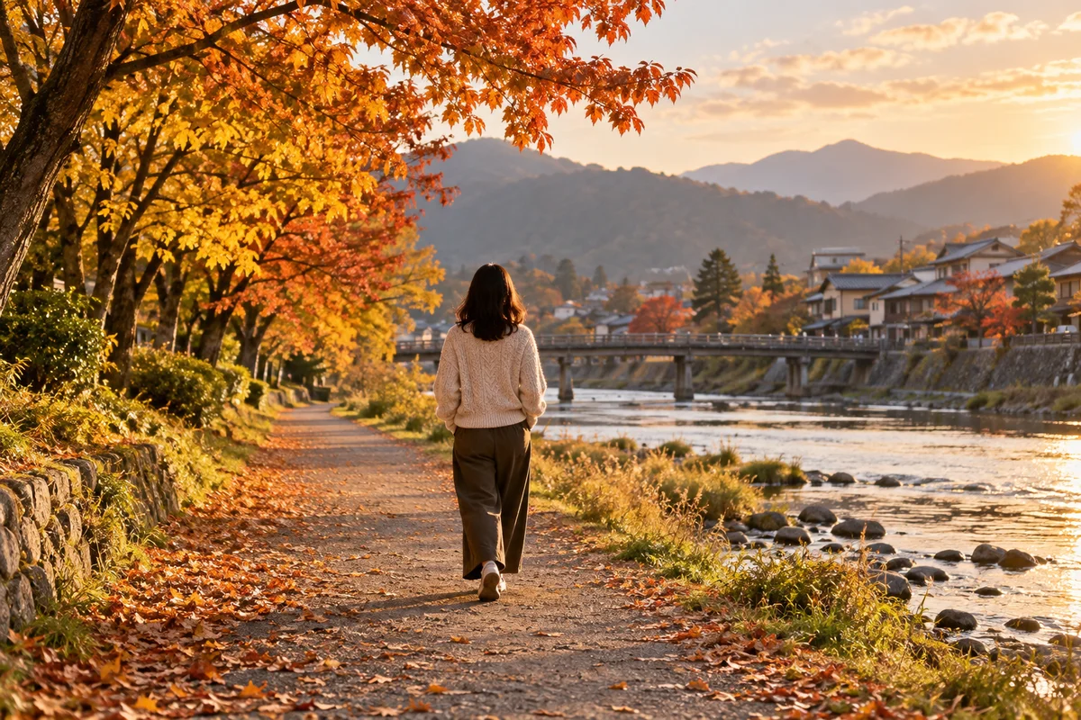 A woman walking alone along a quiet river path lined with autumn trees in soft afternoon light