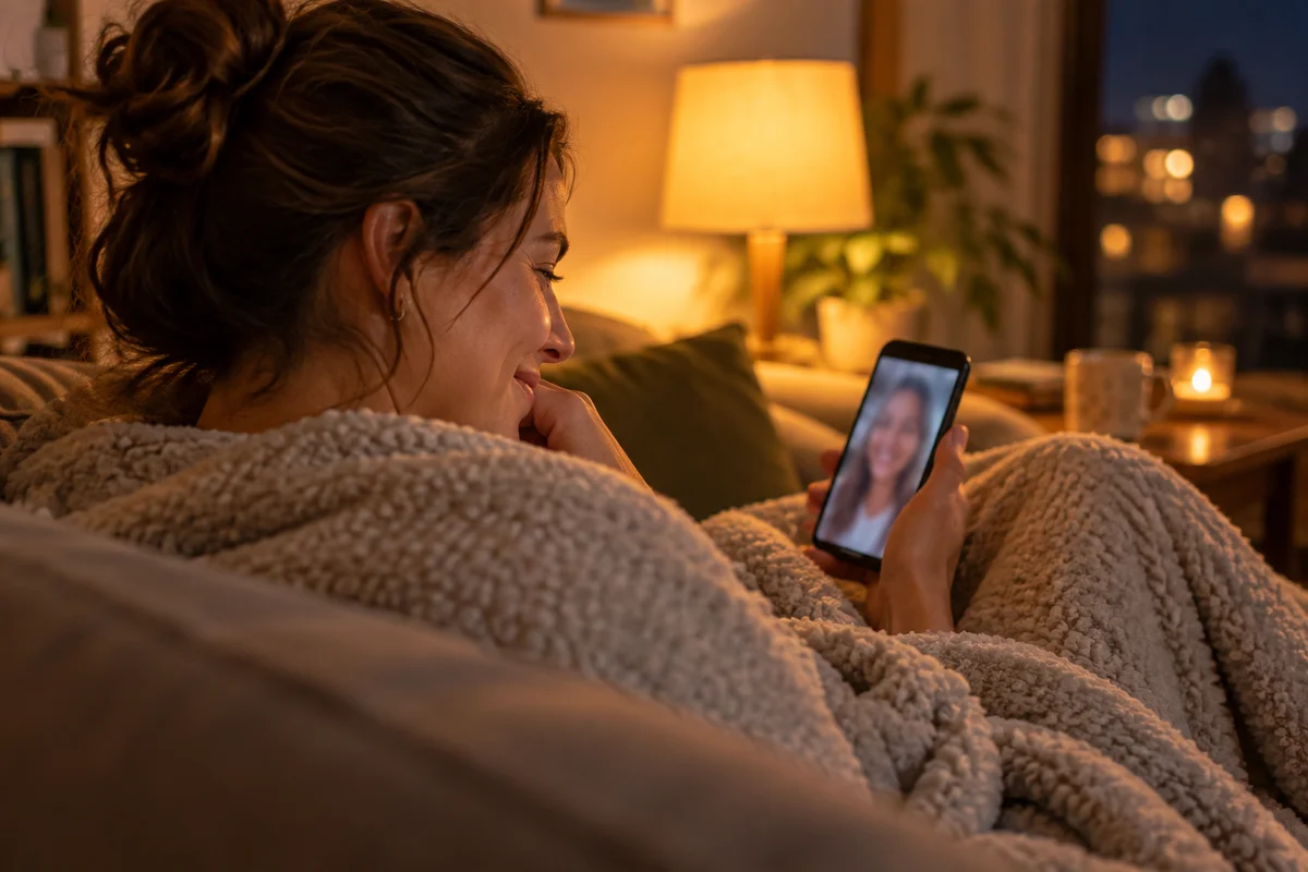 A woman wrapped in a blanket on a sofa, on a video call with a friend, seen over her shoulder in warm lamp light