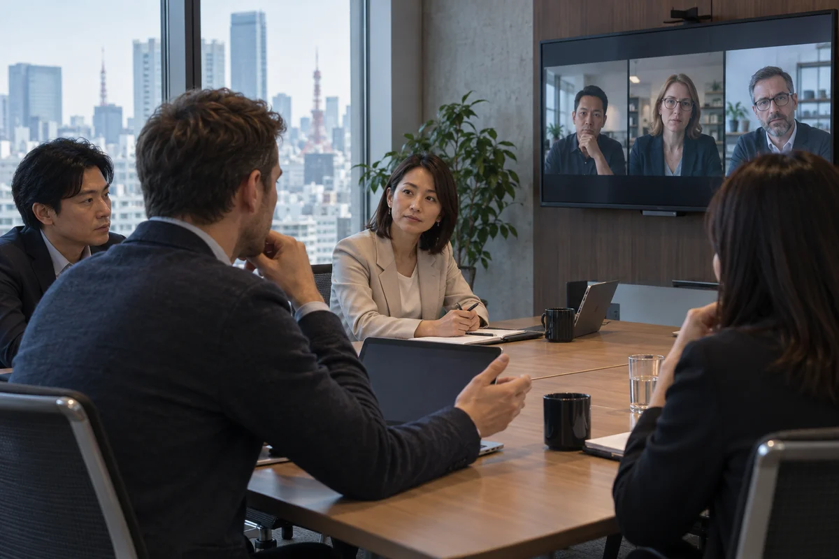 An international team in a Tokyo meeting room joining a video call with overseas colleagues