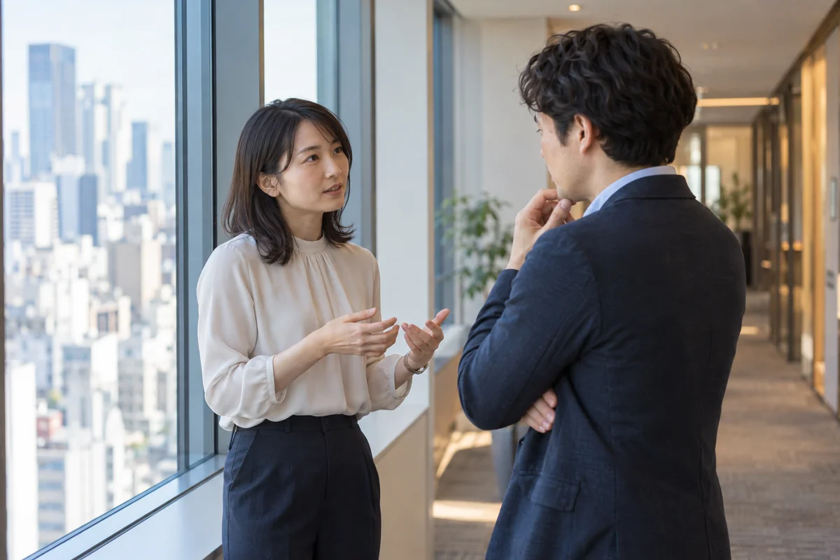 Two colleagues chatting casually by a window in a Tokyo office hallway