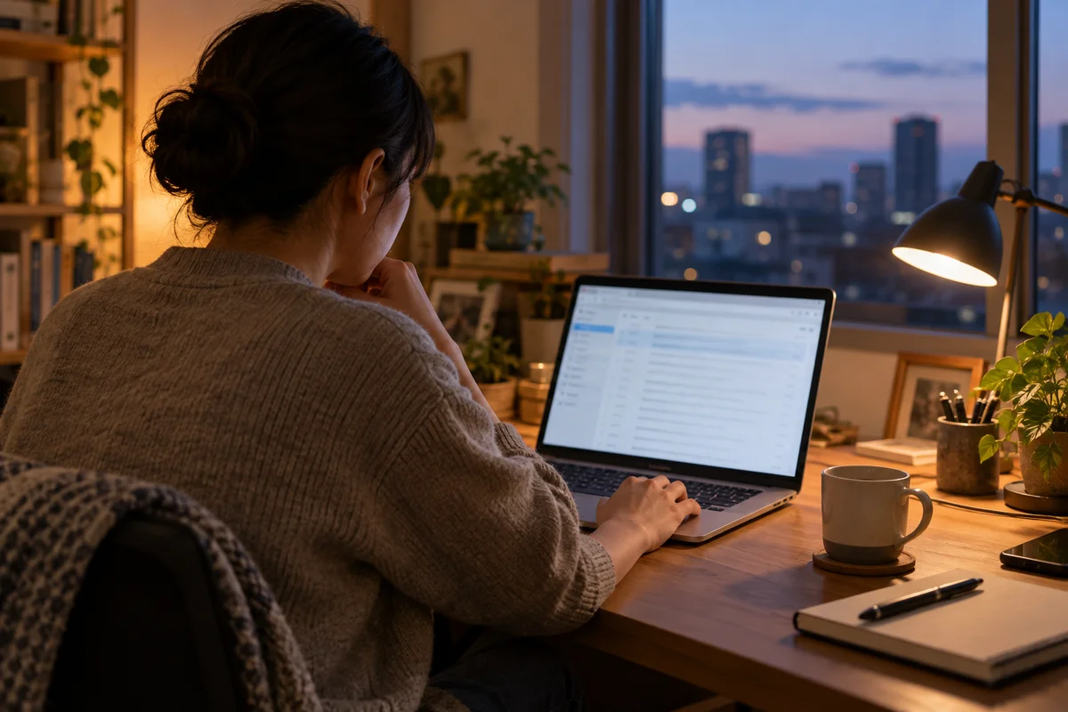 Over-the-shoulder view of a person reading an email on a laptop at a desk in the evening