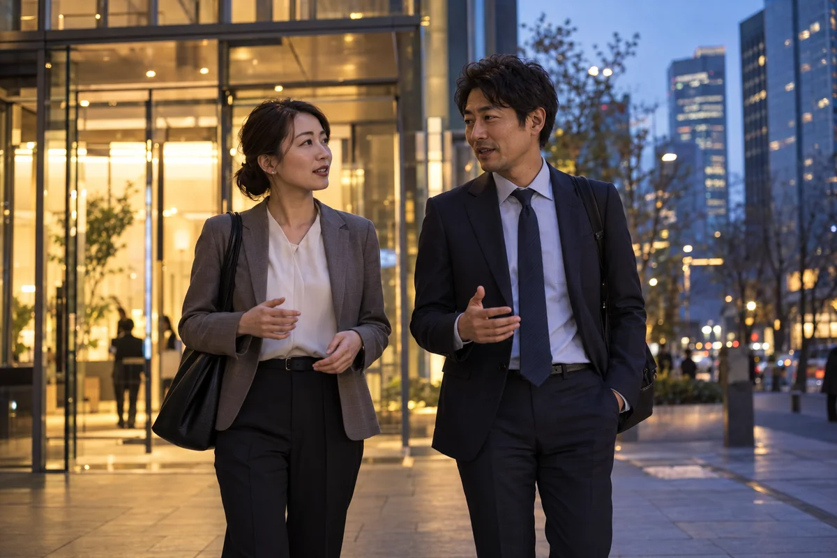 Two coworkers walking out of an office building together at dusk in Tokyo