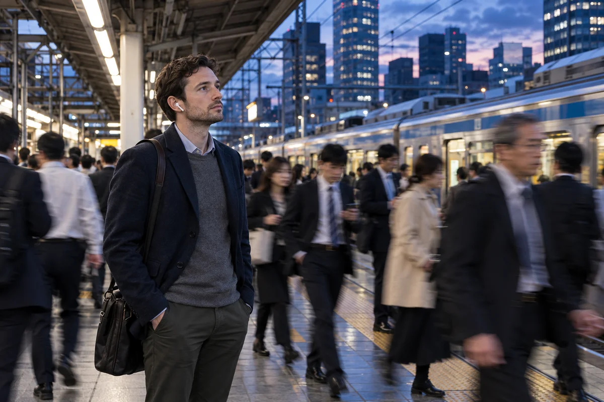 A foreign English teacher standing alone on a crowded Tokyo train platform in the evening, wearing earbuds and looking lost in thought while commuters pass by