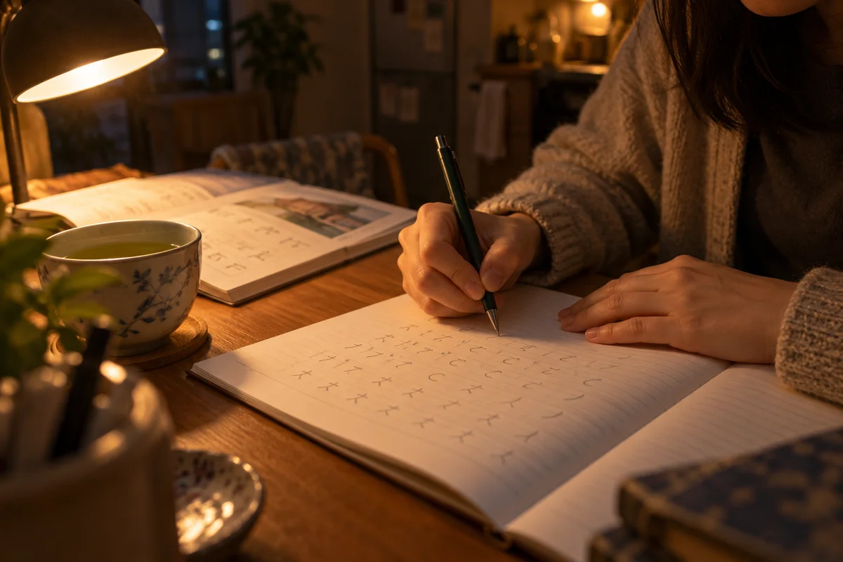 Close-up of a person's hands writing Japanese characters in a notebook at a small kitchen table late at night, a warm lamp and a cup of tea beside an open textbook