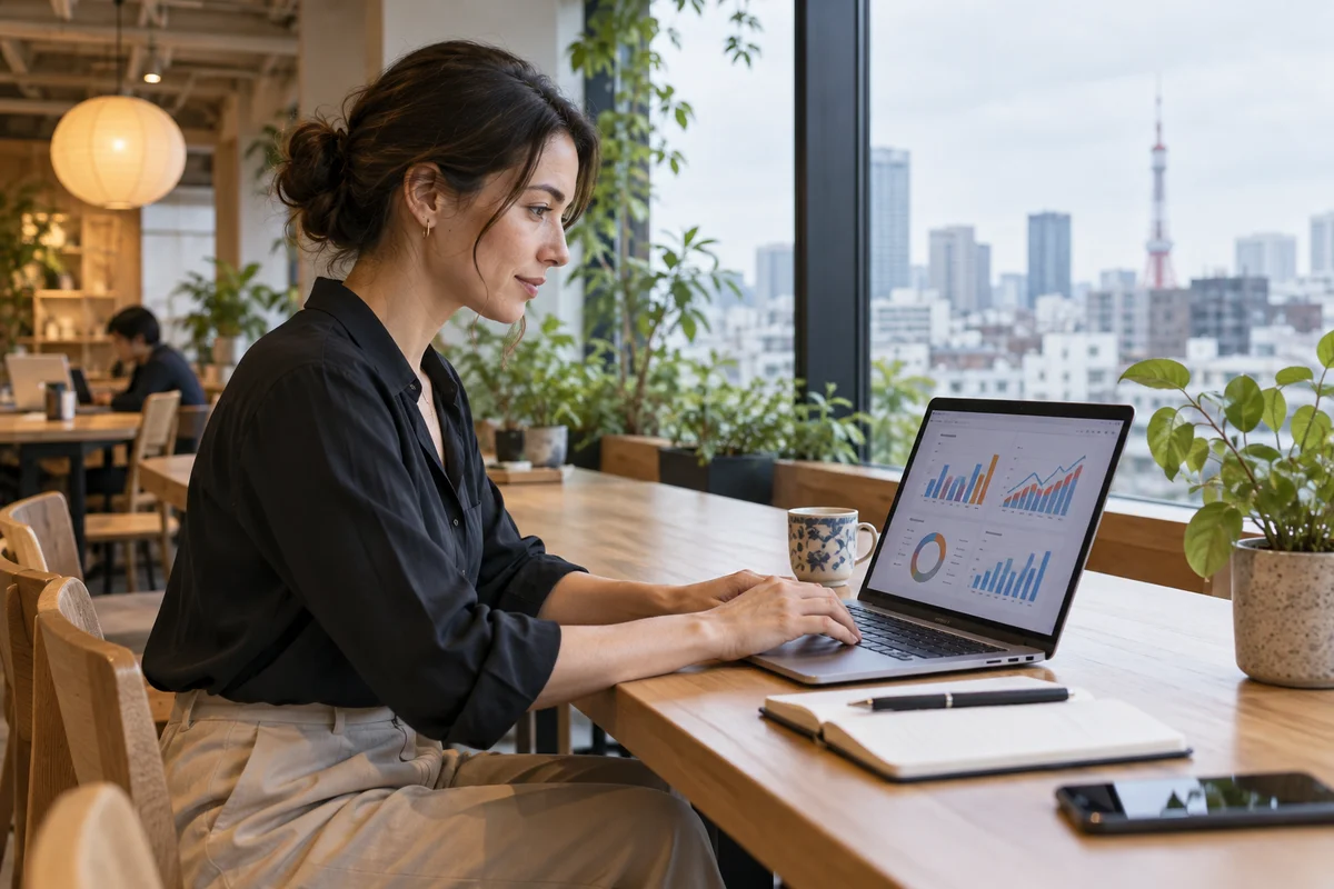A focused person working on a laptop with abstract charts on screen at a quiet coworking space by a large window, soft overcast daylight