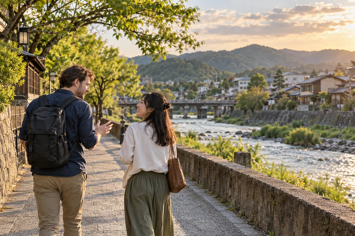 Two people walking side by side along a quiet riverside path in Japan on a mild afternoon, one gesturing while trying to explain something, both relaxed and engaged