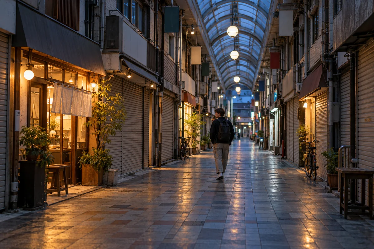 A person walking alone through a quiet Japanese shopping arcade at dusk, shop lights coming on
