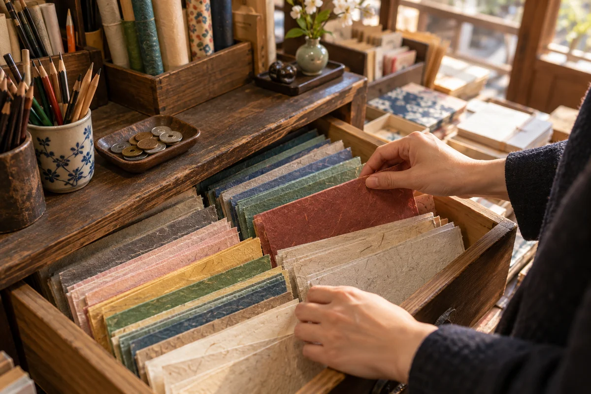 Close-up of hands choosing sheets of paper at the wooden counter of a small Japanese stationery shop