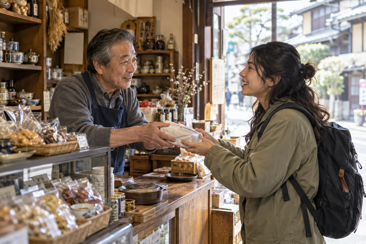 An older shopkeeper handing a wrapped purchase across the counter to a young foreign customer in a small neighborhood shop