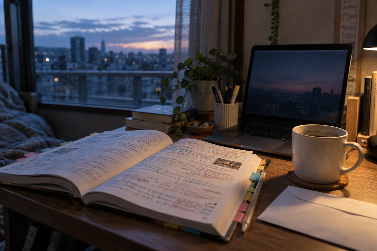 Close-up of a desk at dawn in a small Japanese apartment, an open Japanese textbook covered in handwritten notes, a certificate envelope, a cold mug of coffee and a laptop with a dim screen, soft blue morning light through a window