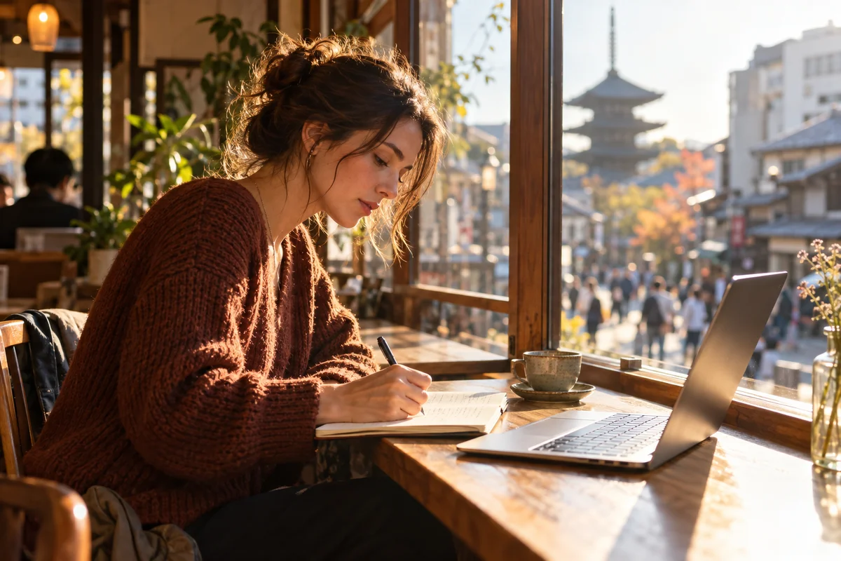 A foreign woman in her late twenties sitting at a quiet cafe window seat in Japan, writing a list on a notepad beside a laptop, focused and thoughtful expression, warm afternoon sunlight and a city street softly out of focus outside
