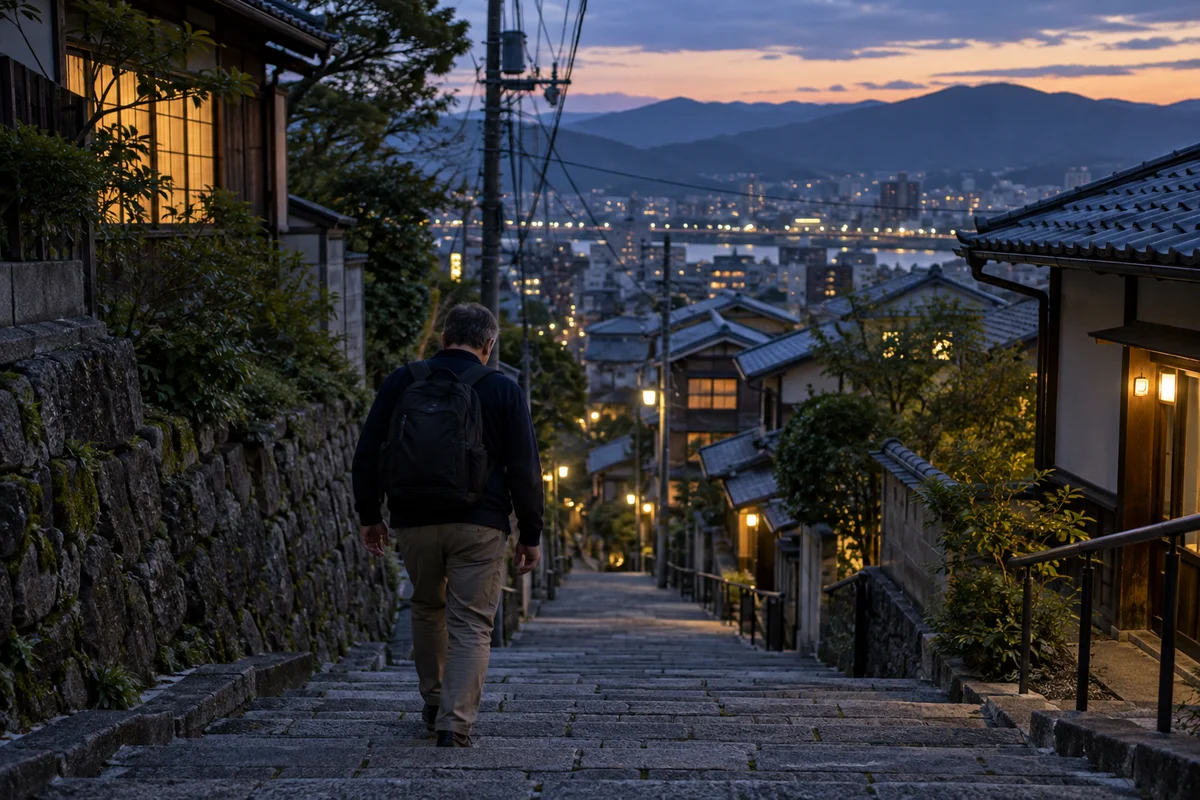 A man in his forties seen from behind, walking down a long stone staircase through a quiet Japanese residential neighborhood at dusk, muted blue evening light and a few lit windows and city lights below
