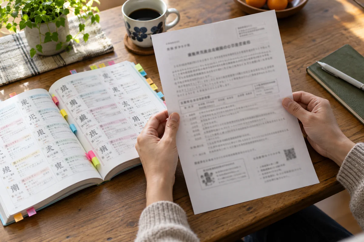 Overhead close-up of hands on a wooden kitchen table holding a dense printed school notice beside an open kanji workbook full of colorful sticky tabs, a mug of coffee and soft morning daylight