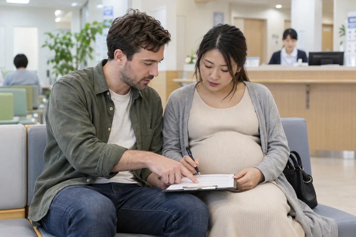 A foreign man and his pregnant partner sitting side by side in a bright, calm clinic waiting area in Japan, filling out a form on a clipboard together, with soft clinical lighting and a receptionist in the background