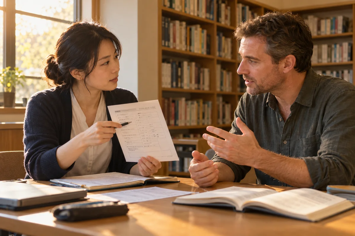 A foreign man and a Japanese tutor seated across a small table in a quiet library study room, the tutor holding a printed form while the man answers thoughtfully, warm late-afternoon light from a side window