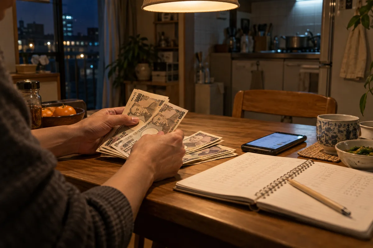 Close-up of hands counting yen bills next to an open notebook and a phone on a small kitchen table at night