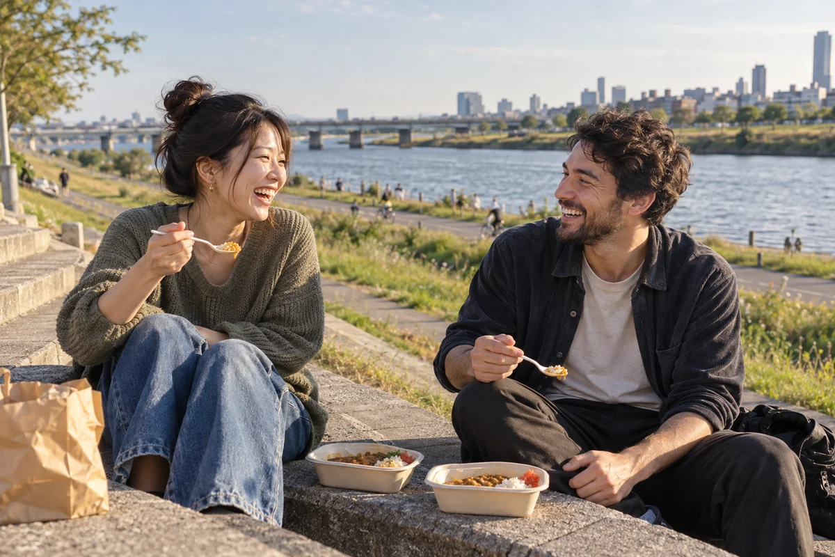 Two friends from different backgrounds laughing while sharing cheap takeout on the steps of a riverside park on a sunny afternoon