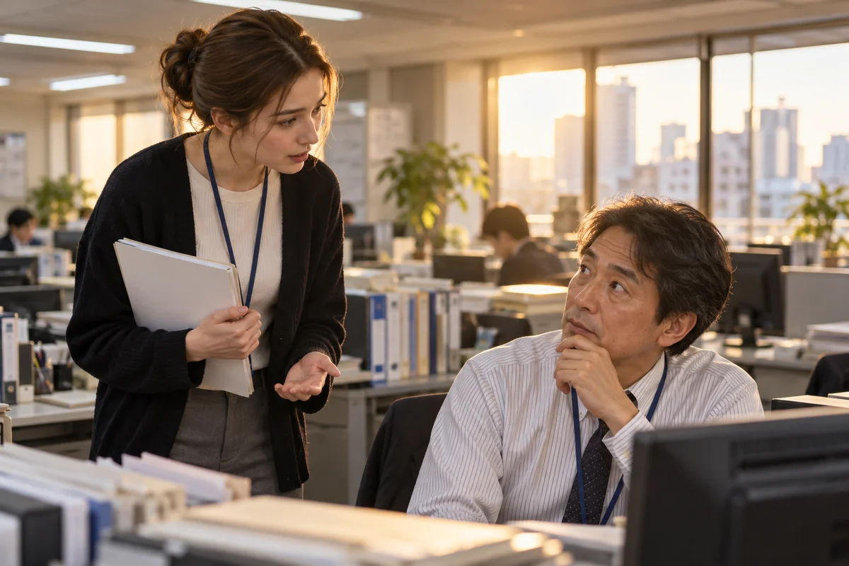 A young foreign employee pausing beside a senior colleague's desk near the end of the workday, asking a question in a quiet Japanese office