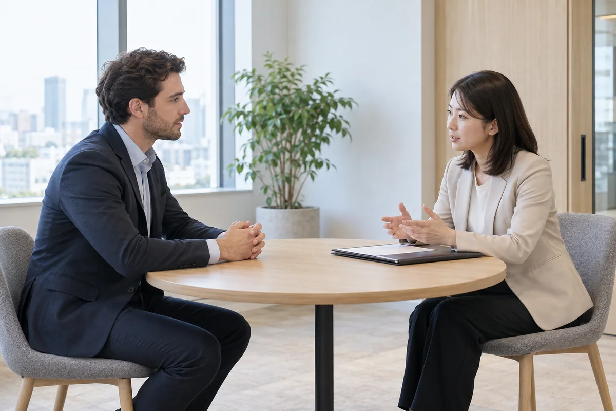 A professional calmly talking with an HR staff member in a small, bright meeting room with plants, both seated and attentive