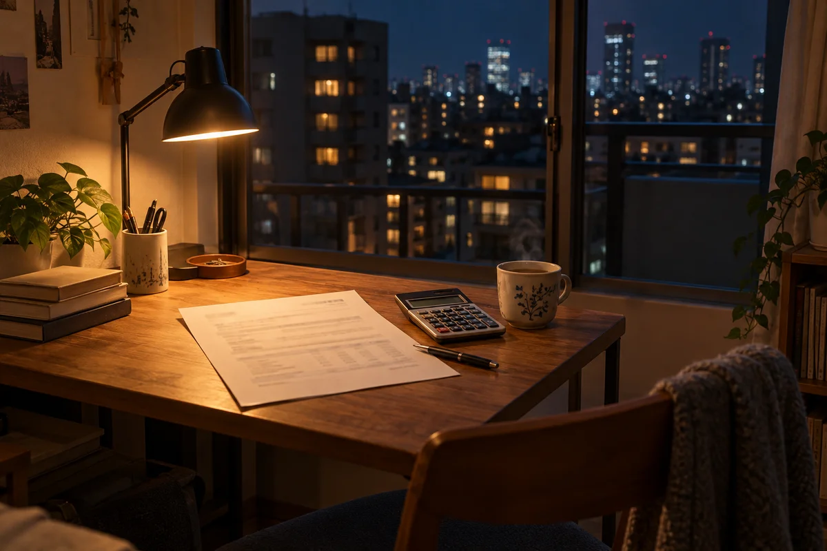 A printed job offer, a calculator and a cup of tea on a small desk in a Tokyo apartment at night