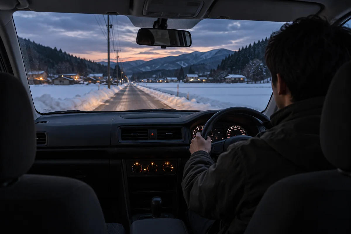 A young man driving alone along a snowy rural road at dusk, seen from the back seat