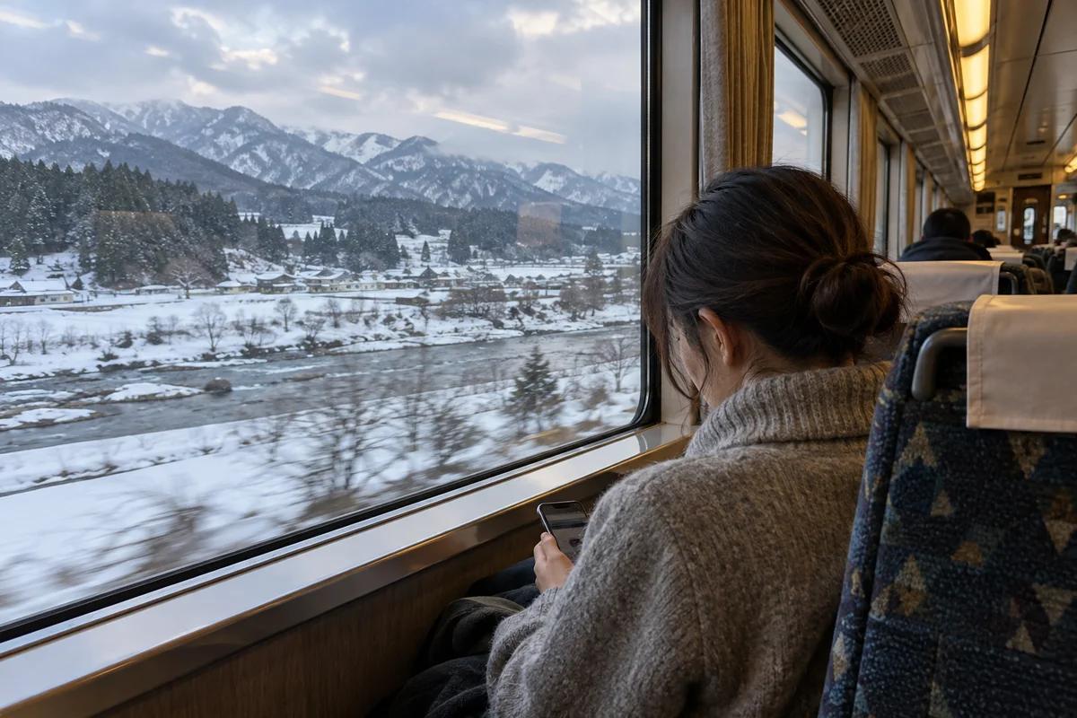 A woman on a train looking at her phone, shot over her shoulder, snowy mountains passing outside the window