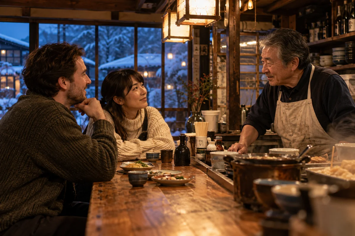 Two friends chatting with an older owner at the counter of a small countryside izakaya on a winter evening