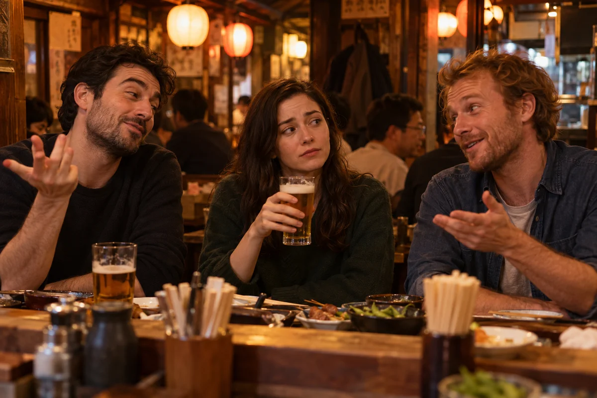 A small group of foreign residents chatting at a dim neighborhood izakaya counter in Japan, one person in the middle looking quietly unconvinced while the others talk, warm amber lighting and a cluttered wooden bar