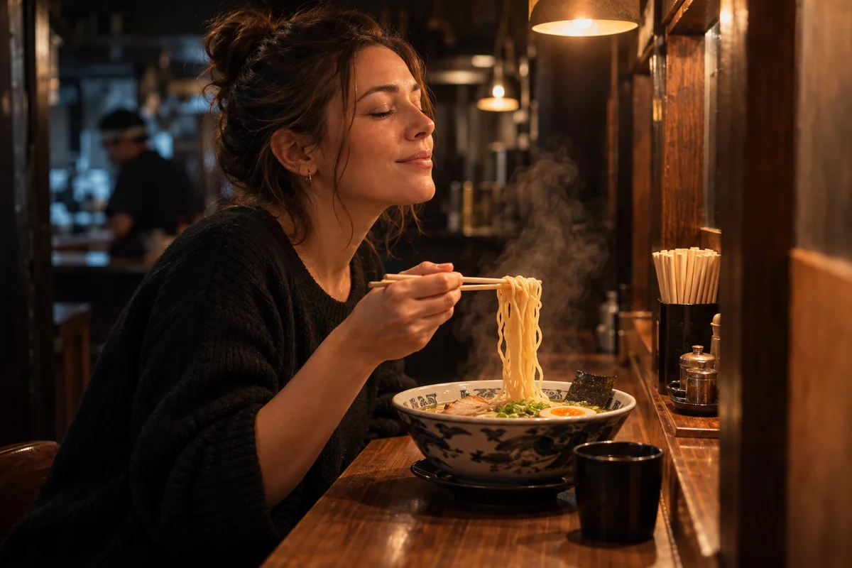 A foreign woman in her thirties eating alone at a narrow ramen counter in Japan late at night, steam rising from the bowl, relaxed and content, soft overhead lighting and a dark quiet shop around her