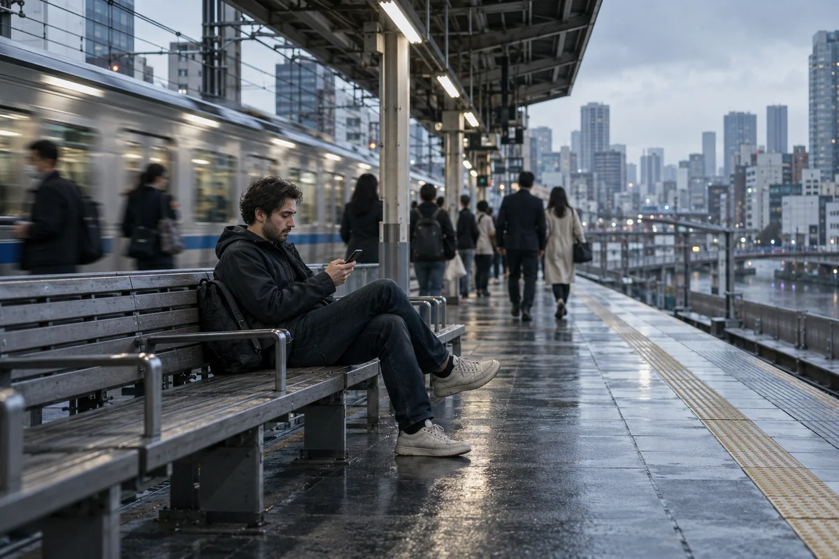 A foreign man in his thirties sitting alone on a bench by a train platform in a Japanese city on a grey overcast afternoon, looking at his phone with a flat expression, muted cool colors and commuters blurred in the background
