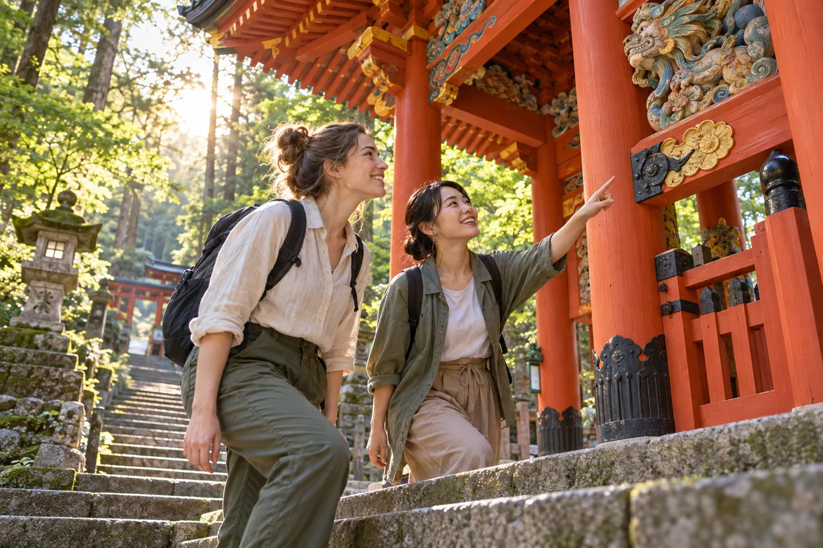 A foreign woman and a Japanese friend walking up the stone steps of a famous shrine in soft early morning light, mostly empty path, the friend pointing out a detail on a wooden gate while both smile, fresh green trees around them