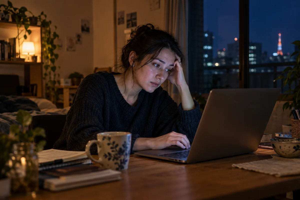 A person sitting alone at a desk at night, lit by a laptop, looking tired and uncertain