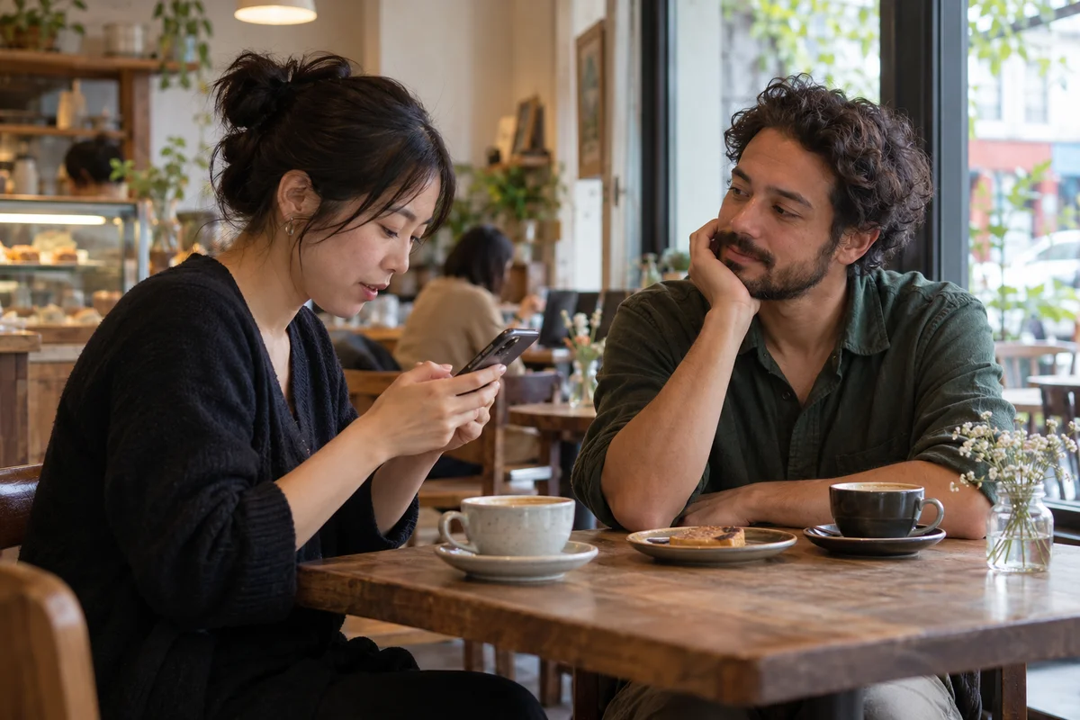 Two people at a small cafe table, one checking a translation on a phone held toward themselves while the other waits patiently