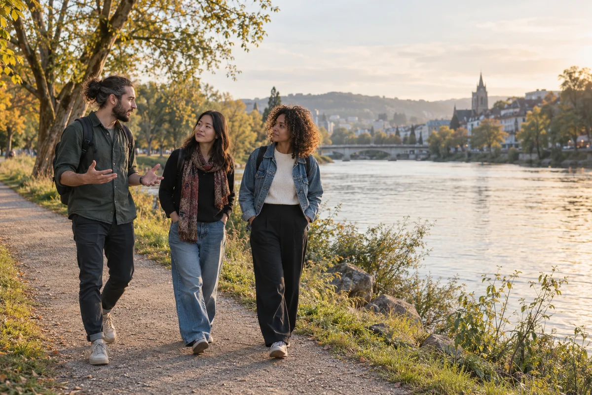 A small group of people walking together along a quiet riverside path in late afternoon light, mid conversation