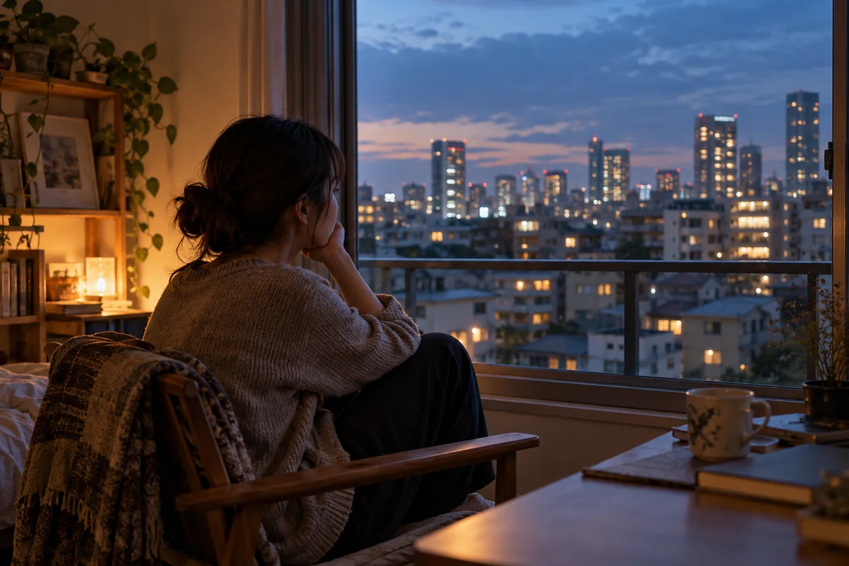A person sitting alone by a window in a quiet Japanese apartment at dusk, looking out at city lights