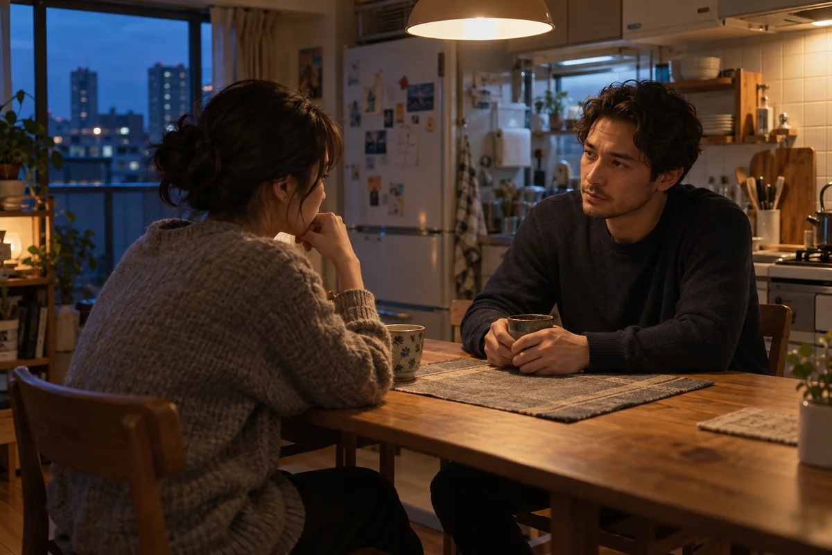 Two people sitting at a small kitchen table in the evening, having a serious but gentle conversation over tea