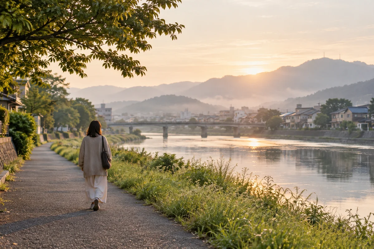A person walking alone along a quiet riverside path in Japan in soft morning light, deep in thought