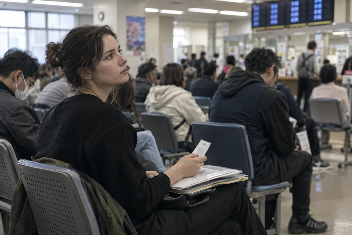 A foreign resident sitting in a crowded government office waiting area in Japan, holding a numbered ticket and looking at the display board