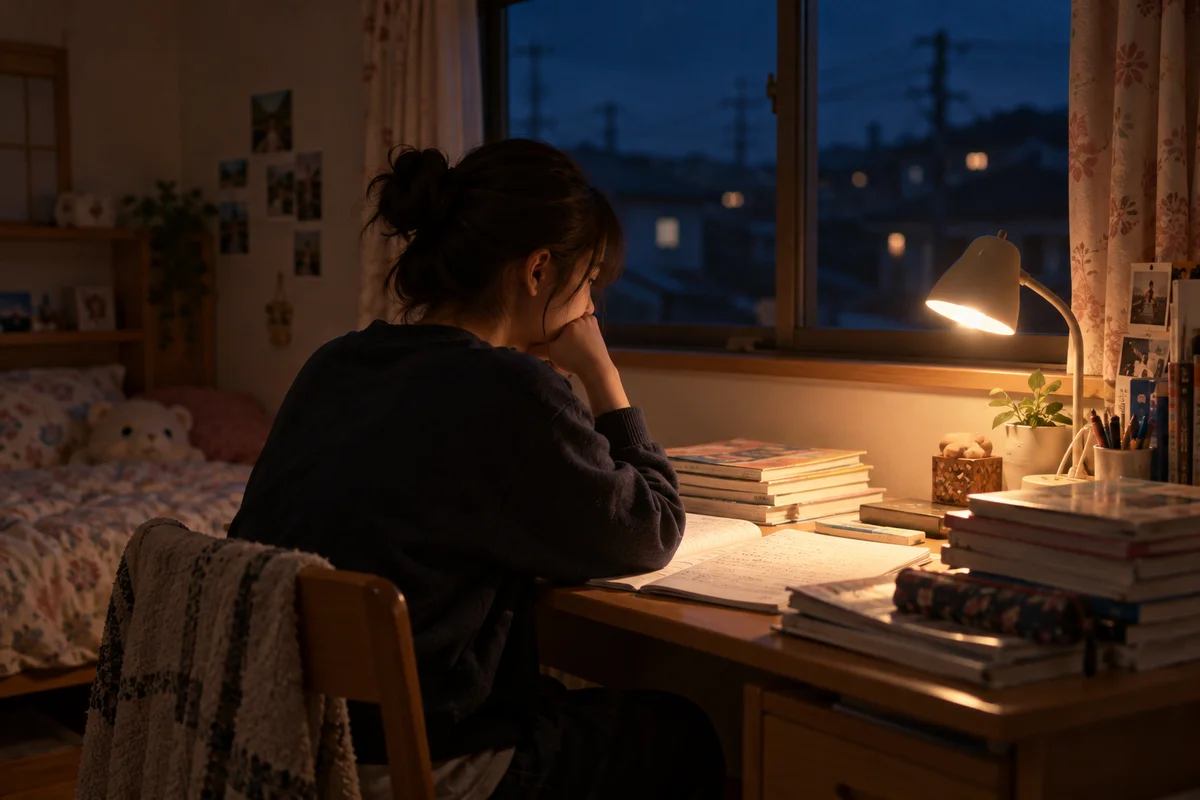 Exchange student studying alone at a desk in a host family's bedroom at night