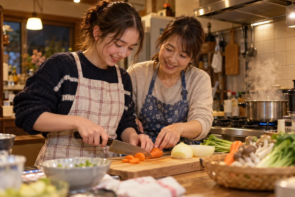 Exchange student helping a host mother cook dinner in a warm home kitchen