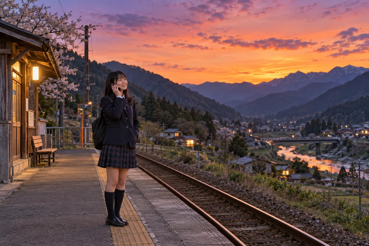Student on a quiet countryside train platform at dusk, smiling during a phone call