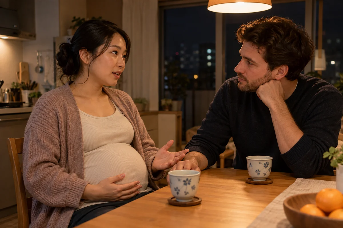 A pregnant Japanese woman and her foreign husband sitting close together at a small kitchen table at night, talking seriously over cups of tea under a warm pendant lamp