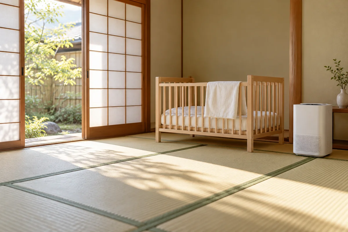 A quiet Japanese tatami room in soft morning light with an empty wooden baby bed, a white blanket, a small air purifier and a shoji door open to the garden