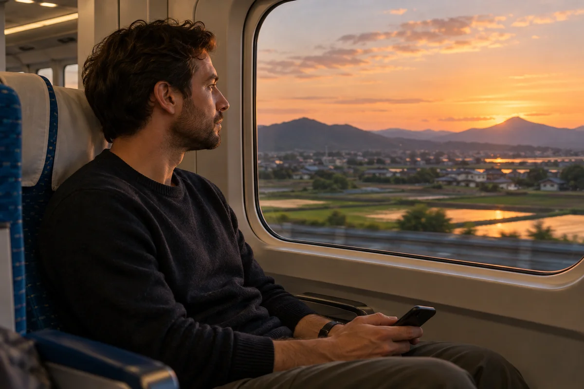A foreign man in his thirties sitting alone by the window of a Japanese bullet train at dusk, holding his phone and looking out at passing rice fields in fading orange light